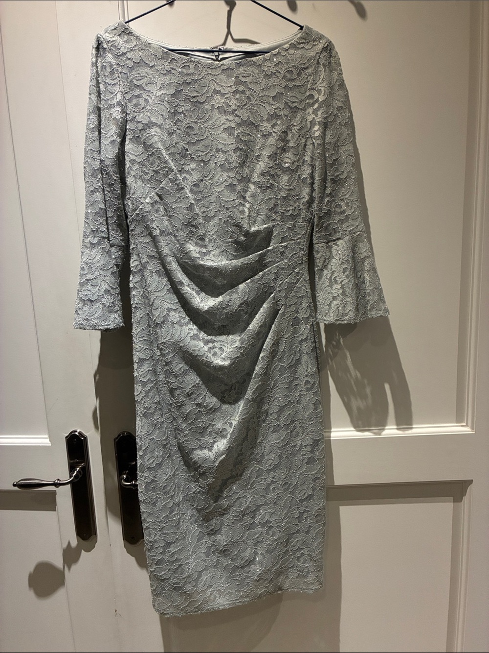 Eliza J Sequined Lace Side-Ruched Bell Sleeve Sheath Dress Light Blue Size 8 👵MT